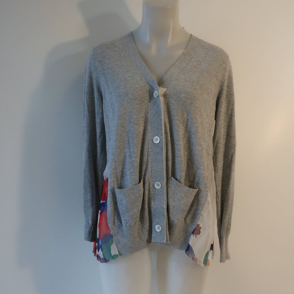 Women Sacai White Multicolor Floral Mixed Media Knit V-Neck Cardigan Sweater L - Picture 5 of 14